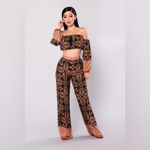 Fashion Nova Matching Set Malta Print pant two piece paisley Navy XS